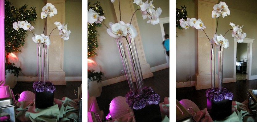  centerpiece was a tall V glass vase wrapped in gold wire with simple 