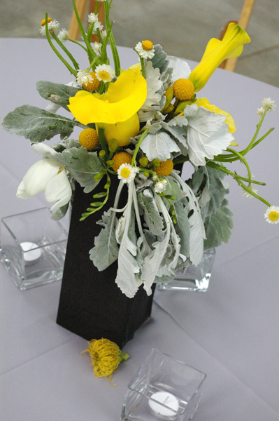 black rectangular centerpiece white yellow gray calla lily orchid drumstick