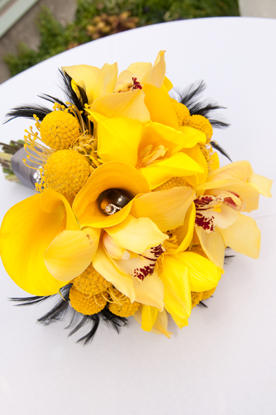 yellow bridal bouquet black feathers yellow gray black calla lily orchid 