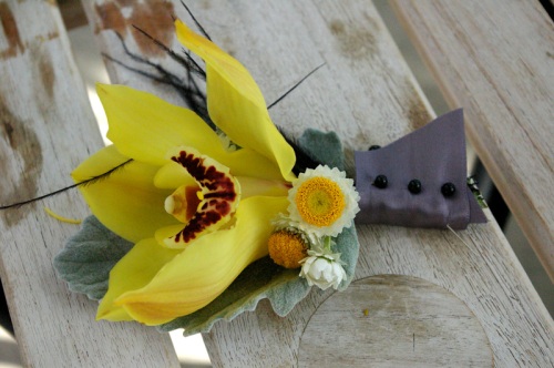 yellow cymbidium orchid boutonniere corsage yellow black gray wedding 