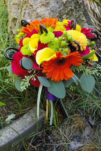 bright summer multi colored bridal bouquet hot pink green yellow blue orange