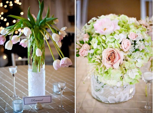 pink green tulip lace hydrangea wedding centerpiece studio stems