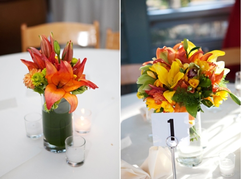 tropical wedding bright colors orange yellow green centerpieces with ti leaf